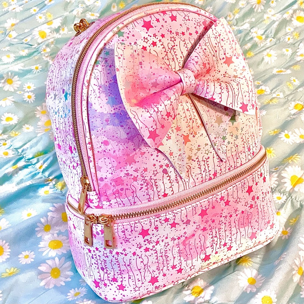 Pink Rainbow Stars & Ribbons Mini Backpack w/ Bow